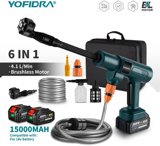 VirtuBuy® - Hogedruk Spuit - Hogedrukreiniger - 200BAR - 3500W - Draadloos - Inclusief 2 Batterijen - 6-in-1 spuitkop - Voor Auto’s & Tuin van Merkloos	