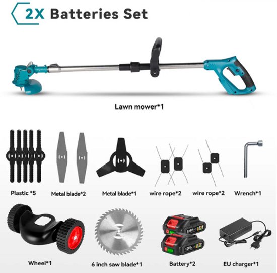 VirtuBuy® - Onkruidborstel - Grasmaaier - Elektrische Snoeischaar - 2 Accu's - 1500 Watt - 15000 MaH - Telescopische Buis - 3 Verschillende Snijbladen van Merkloos	