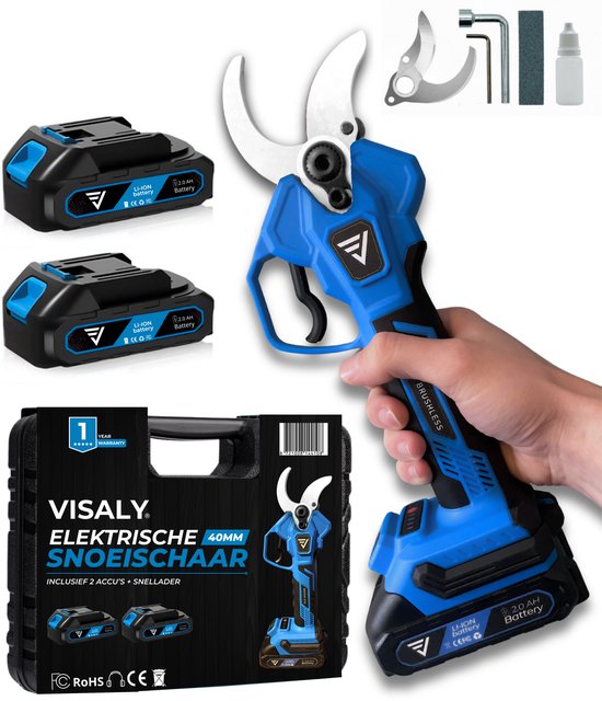 Visaly Elektrische Snoeischaar - 40mm Snijdiameter - Accu Snoeischaar - Takkenschaar - Heggenschaar - Incl. Opbergkoffer, Reserve messen en 2 Accu's van Merkloos	