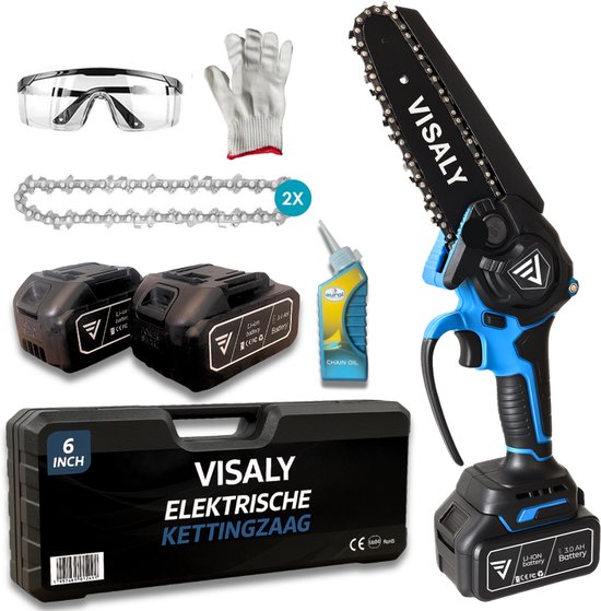 Visaly Mini Kettingzaag - Accu Snoeizaag - Elektrische Handkettingzaag - Takkenzaag - Automatische Kettingsmering - Brushless - Incl. Opbergkoffer, 2 Accu's en Kettingolie van Merkloos	