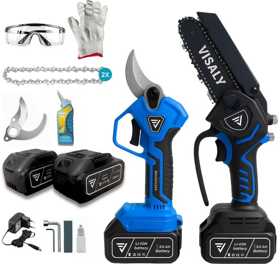 Visaly Ultra Snoeiset 2-in-1 - Mini Kettingzaag & Elektrische Snoeischaar - Snoeigereedschap - Accu Snoeischaar - Accu Kettingzaag - Takkenzaag - Snoeizaag - Incl. Opbergkoffers, Reserve Accessoires & 4 Accu's van Merkloos	