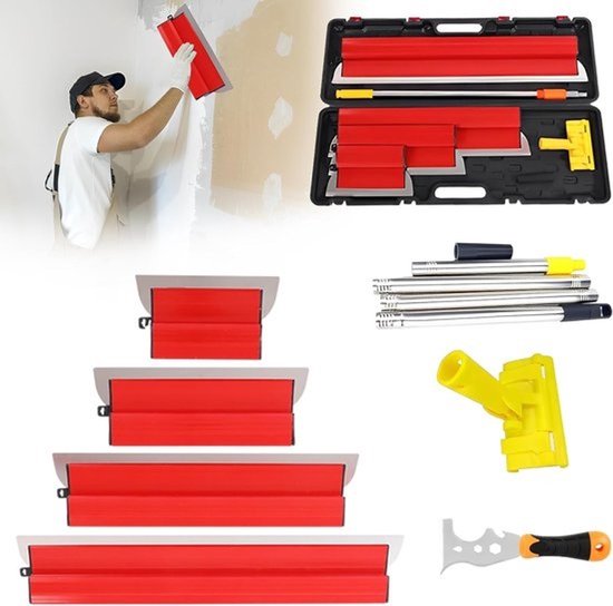 Vlakspatelset voor professioneel gebruik met 9 spatelgereedschappen - 25 cm, 40 cm, 60 cm en 80 cm - Multifunctioneel en telescopisch voor muren en plafonds - Complete koffer
