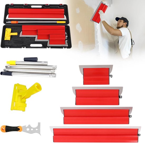 Vlakspatelset voor professioneel gebruik met 9 spatelgereedschapsopties - 25 cm, 40 cm, 60 cm, 80 cm - Multifunctioneel en telescopisch voor muren en plafonds - Complete koffer van Merkloos	