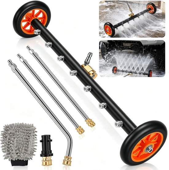 Vloerreiniger voor auto, wasaansluiting met 7 sproeiers, draaibare wielen en 3 lansen, verlenging 4000 psi, snelkoppeling 1/4 inch, dubbele functie, 2-in-1, reinigingsborstel voor