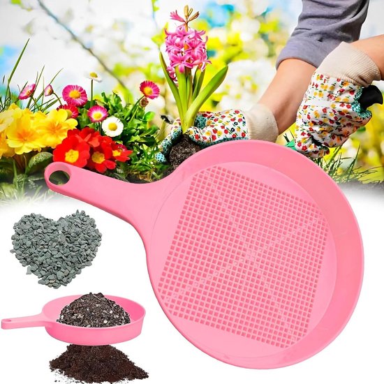 Vloerzeef voor bodem en stenen met kunststof net in roze kleur - Tuinzeef voor nauwkeurig filteren van zand - Praktische tuinfilter met diverse toepassingen van Merkloos	
