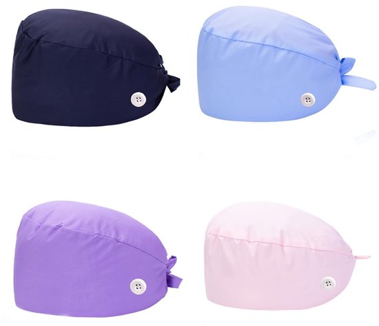 Voarge 4 stuks werkmutsen met knopen en verstelbare stropdas van katoen, werkmutsen voor mannen en vrouwen, chirurgische mutsen, effen kleur, Meerkleurig., M van Merkloos	