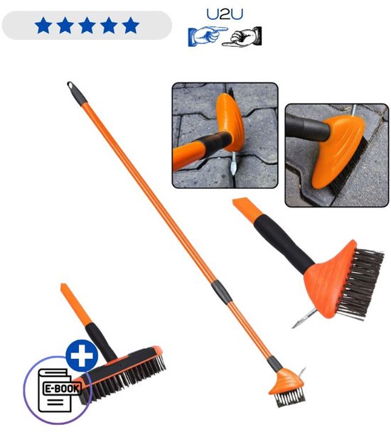 Voegenborstel met Staaldraad en Schraper voor Terras en Oprit Onkruidborstel voor Tegels Verstelbare Steel 80-140 cm Ergonomische Handgreep Mos en Vuil Verwijderen Zonder Chemicaliën Geschikt voor Straatwerk Patio Tuin Oranje Met Ebook van Merkloos	