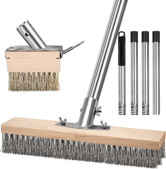 Voegenborstel met Steel – Onkruidborstel en Terrasborstel – Stalen Draadbezem – Verstelbare Steel 165 cm – 2 Borstelkoppen