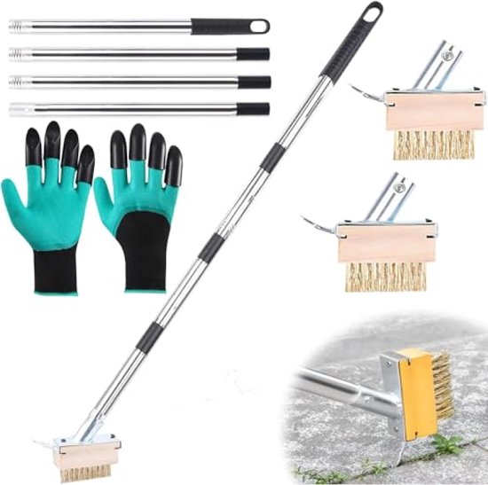 Voegenborstel onkruid - 160 cm roestvrijstalen steel, 2 stalen draadborstels + tuinhandschoenen, verstelbare greep, onkruidkrabber voor terras, oprit en voegen