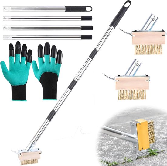 Voegenborstel Onkruidkrabber met Verstelbare Steel en Tuinhandschoenen van Merkloos	