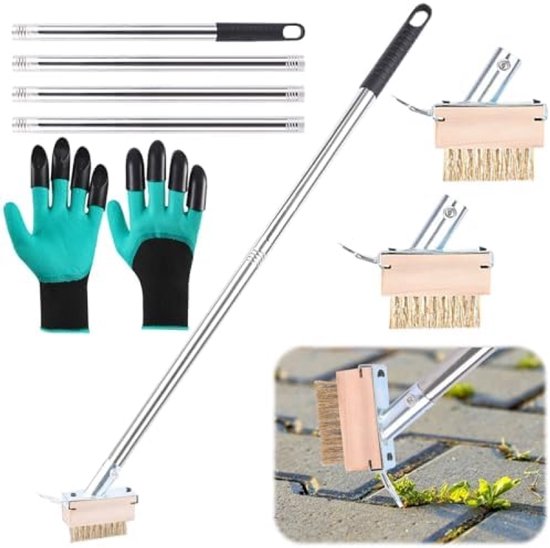 Voegenborstel Set voor Onkruidverwijdering - 160 cm Steel met 2 Borstels en Handschoenen