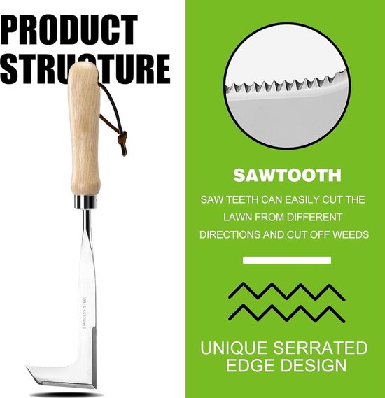 Voegenkrabber met houten handvat, onkruidsteker, roestvrij staal, multifunctionele voegenkrabber voor het verwijderen van mos en onkruid tuinders van Kinzo Garden
