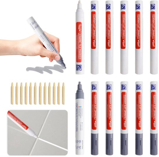 Voegenstift set - Tegel reparatie - Voegen opfrissen - Waterbestendig en geurloos - 12 stuks - Grijs en wit