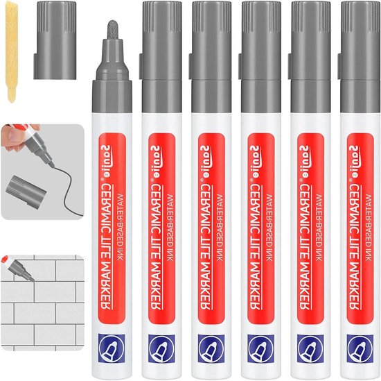 Voegstift voor Tegels - Voegmarker Tegel Reparatie - Badkamer en Keuken - Waterdicht en Sneldrogend - 6-delige set - Donkergrijs