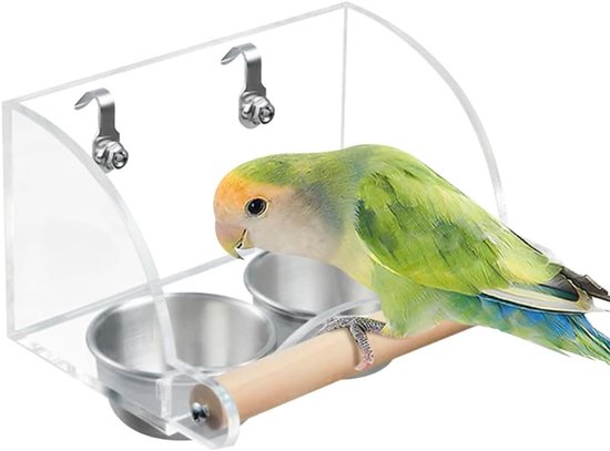 Vogelvoer waterkom - transparant - roestvrijstalen papegaaienvoerbekers - houten standaard voor parkiet - Psittacus Erithacus - tortelduifjes - grasparkieten - conure - cockatiels - vinken