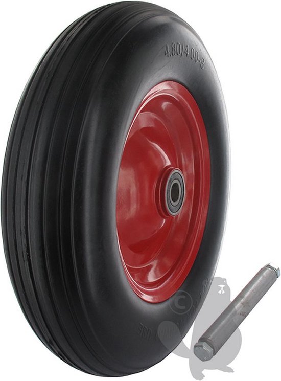 Vol kruiwagenwiel 480 / 400-8. Massief, uit lekbestendig polyurethaan. Gemonteerd met dubbele, spatwaterbestendige lagers 6204-2RS. Geleverd met wielas. van Stabiele Zaken