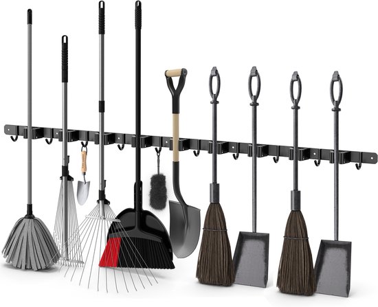 Volcan Bezemhouder - Bezem Ophangsysteem Tuingereedschap - 9 Houders 10 Haken - Zelfklevend 3M Tape - Gereedschapshouder - RVS Zwart van Merkloos	