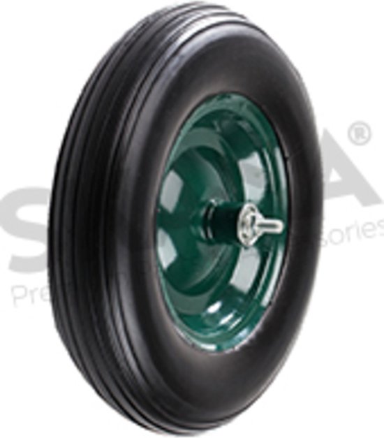 Volledig universeel kruiwagenwiel 480 / 400-8, groene velg en zwarte band, op dubbel afgedichte kogellagers van Fortan