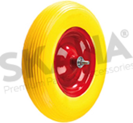 Volledig universeel kruiwagenwiel 480 / 400-8, rode velg en gele band, op dubbel afgedichte kogellagers van Fort