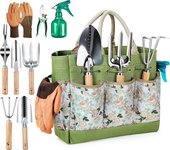 Volledige Tuingereedschap - 9 Delige Tuinset - Roestbestendig - Inclusief Opbergtas - Tuingereedschap - Roestbestendig Tuingereedschap - Tuincadeaus voor dames en heren van Merkloos	
