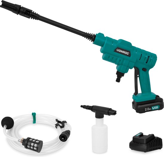 VONROC Accu drukreiniger 20V - 24bar - 198 l/h - Incl. 5m aanzuigslang, reinigingsmiddelenfles en regelbare spuitmond - Incl. 2.0Ah Accu en Snellader van VONROC