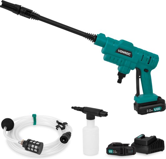 VONROC Accu drukreiniger 20V – 24bar – 198 l/h - Incl. 5m aanzuigslang, reinigingsmiddelenfles en regelbare spuitmond – Incl. 2x 2.0Ah Accu en Snellader van VONROC