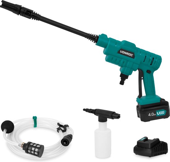 VONROC Accu drukreiniger 20V – 24bar – 198 l/h - Incl. 5m aanzuigslang, reinigingsmiddelenfles en regelbare spuitmond – Incl. 4.0Ah Accu en Snellader van VONROC