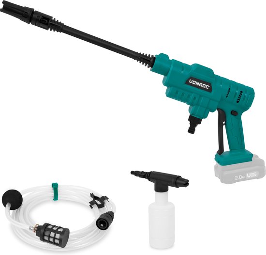 VONROC Accu drukreiniger 20V – 24bar – 198 l/h - Incl. 5m aanzuigslang, reinigingsmiddelenfles en regelbare spuitmond – Zonder accu & lader van VONROC
