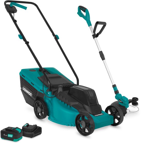 VONROC Accu Grasmaaier 20V en Grastrimmer 20V - Complete Set - 32 cm maaibreedte - Borstel-loze motor - Drie instelbare maaihoogtes: 30/50/70 mm - Incl. 30L Opvangbak - Incl. 4.0Ah Accu en snellader van VONROC