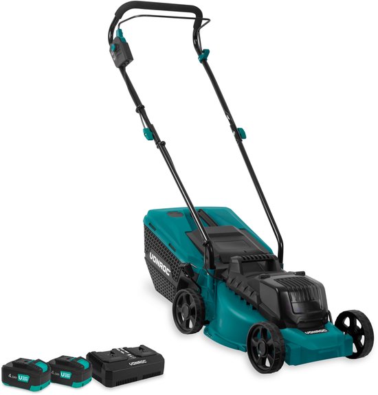 VONROC Accu Grasmaaier – 40V – 33 cm maaibreedte – Brushless motor - Vijf instelbare maaihoog-tes: 30/40/50/60/70 mm - Incl. 30L Opvangbak - Incl. 2x 4.0Ah Accu en Dubbele snellader van VONROC