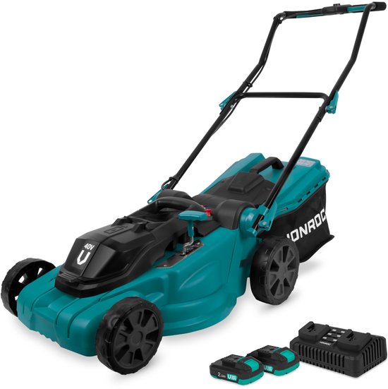 VONROC Accu Grasmaaier - 40V - 38 cm maaibreedte - Vier instelbare maaihoogtes: 35/45/55/65 mm - Incl. 45L Opvangbak - Incl. 2x 2.0Ah Accu en dubbele snellader van VONROC