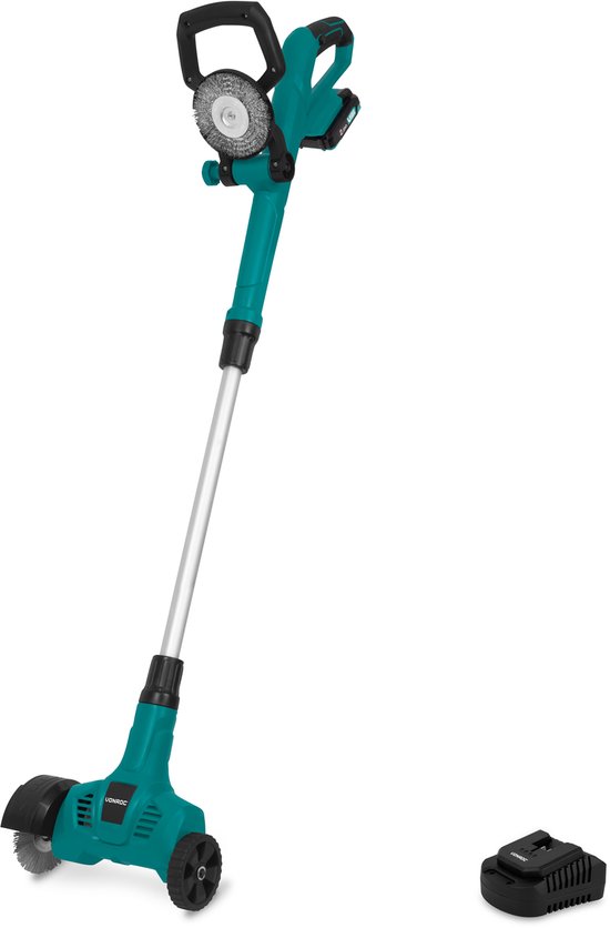 VONROC Accu Onkruidborstel 20V – telescopisch handvat - staal- en nylonborstel - Incl. 2.0Ah accu en snellader
