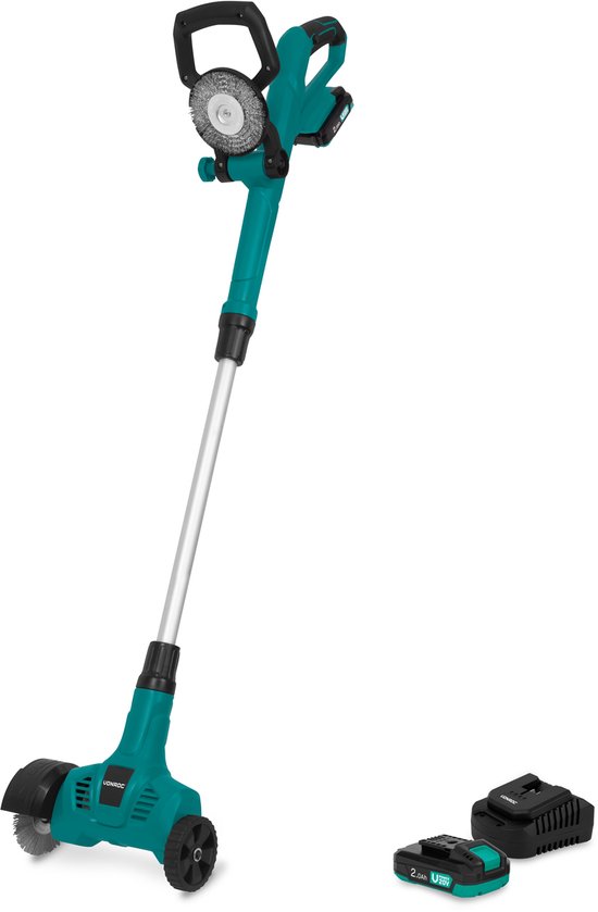 VONROC Accu Onkruidborstel 20V – telescopisch handvat - staal- en nylonborstel - Incl. 2x 2.0Ah accu en snellader