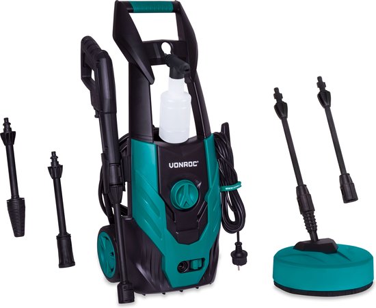 VONROC Hogedrukreiniger V14-2 - 1400W – 110 bar – 390 l/h – Incl. 5m slang, reinigingsmiddelen flesje, terrasreiniger en meer van VONROC