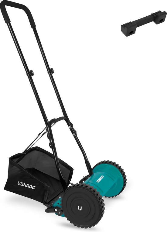VONROC Kooimaaier – handgrasmaaier - 300mm - 4 instelbare maaihoogtes (15-25-31-35mm) incl. muurbeugel en opvangzak van VONROC