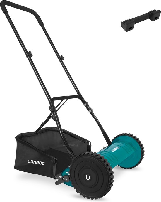 VONROC Kooimaaier – handgrasmaaier - 400mm - 4 instelbare maaihoogtes (15-25-31-35mm) incl. muurbeugel en opvangzak van VONROC
