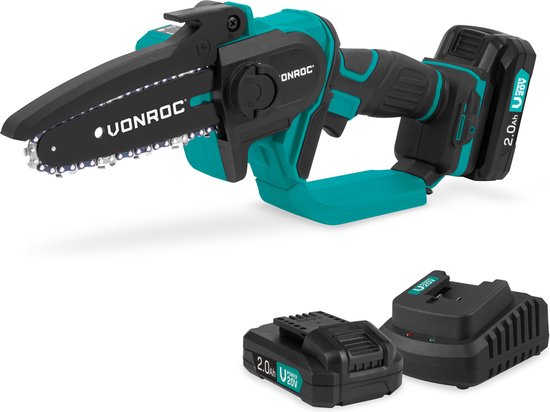 VONROC Mini Kettingzaag 20V – 152mm - Incl. 2x 2.0Ah accu’s en snellader van Vonroc