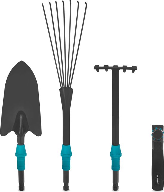VONROC Premium tuingereedschap set 3-in-1, V-Fix systeem, met bladhark, handhark en schepje - gepoedercoat staal van VONROC