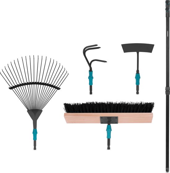 VONROC Premium tuingereedschap set 4-in-1, V-Fix systeem, met bladhark, bezem, schoffel en cultivator - gepoedercoat staal van VONROC