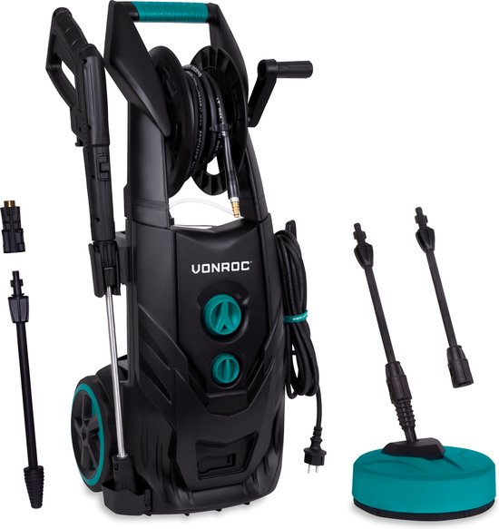 VONROC PRO Hogedrukreiniger V25-2 – 2500W – 195 bar – 468 l/h – Duurzame inductiemotor – Incl. 8m slang, slanghaspel, terrasreiniger, reinigingstank en meer van Vonroc