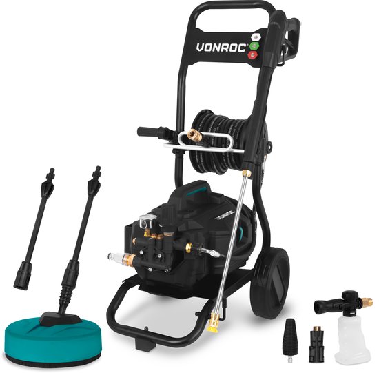 VONROC PRO Hogedrukreiniger V25-3 - 2500W – 180 bar – inductiemotor – 15m premium slang - Incl. terrasreiniger, schuimsproeier en 5 nozzles van Merkloos	