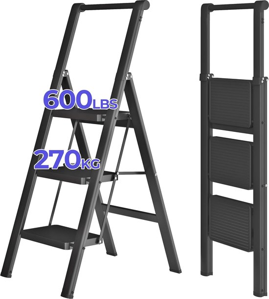 Vouwladder met Antislip, Opvouwbare Huishoudladder, Stevige Ladder met Leuning, 3 Treden, Draagbaar en Veilig van Dibea