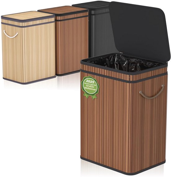 Vuilnisemmer 80 liter met deksel van bamboe voor binnen en buiten, ideaal voor kantoor, keuken en badkamer van Merkloos	