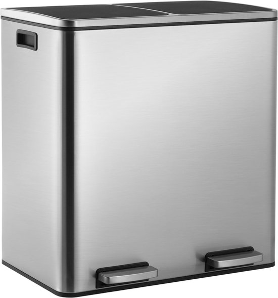Vuilnisemmer - Afvalemmer Buiten - Prullenbak - Vuilnisbak - met 2 Vakken - Softclose-deksel - Pedaalemmer van Metaal - Kunststof Binnenemmer - Afvalscheidingssysteem - Recycling - voor Keuken - Buiten - RVS - 60L - Zilver van Merkloos	