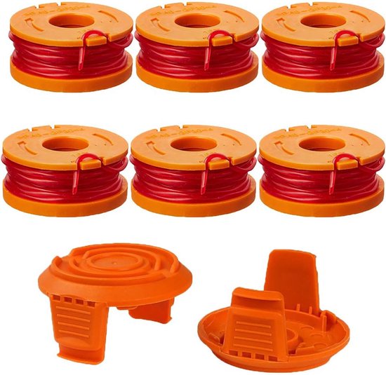 WA0010 WA0004 Edger-spoelvervanging voor Worx WG154 WG155 WG175 WG180 WG163 Weed Wacker Eater-kabel met WA6531 GT-spoeldeksel 50006531-spoelvervanging voor draadknippers 10 ft 0,065 inch (6 spoelen, 2 deksels)