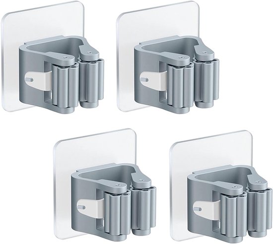 Wandbezemhouder - 4 Stuks - Dweilhaak - Gereedschapsklem - PVC - Steelklem - Zelfklevend - Antislip - voor Veelzijdig Gebruik in Huis en Tuin - 5.6*5.6*4.5CM - Grijs van Ameinant