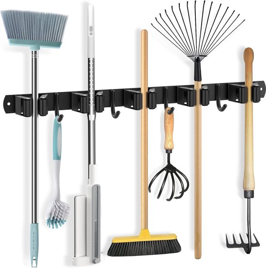 Wandbezemhouder – Gereedschapsrek – Wandopbergsysteem – Keukenmophouder – 5 houders – 4 haken – 304 roestvrij staal – Geen boren nodig – 3M tape – Zwart