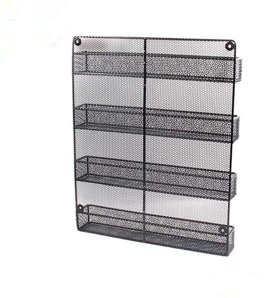 Wandkruidenrek voor kruiden en specerijenpotjes, 4-vaks keukenrek, Opslagrek voor Kruidenpotjes, Keukenplank Organizer, Keuken Wandrek, staal, 43 cm x 7,5 cm x 52,5 cm - Zwart