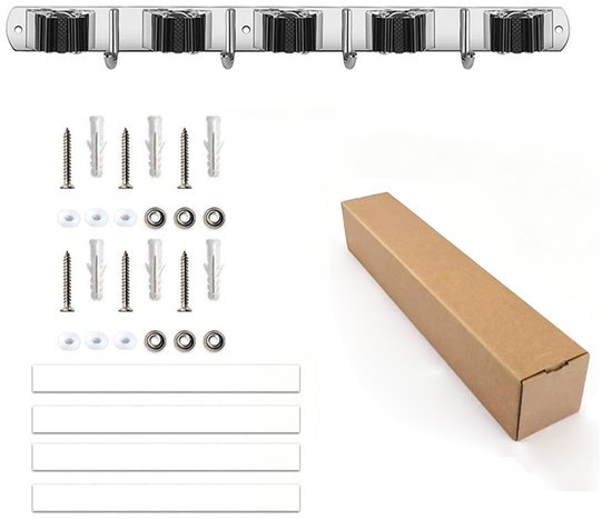 Wandrek voor gereedschap - 2-delige set - 5 clips, 4 haken - 43,2 cm - Hangende opbergplank - Geschikt voor tuingereedschap, bezems en andere benodigdheden - Inclusief montageschroeven - Roestvrij staal - Stevig en duurzaam - Zilver van Ruijingsky