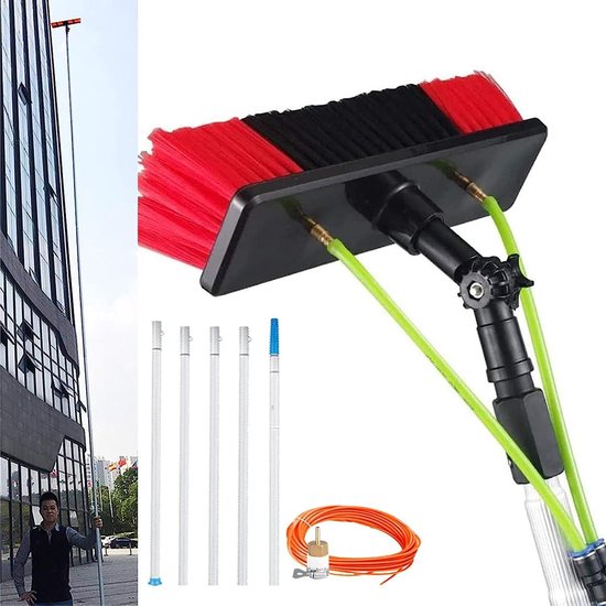 Wasborstel Met Steel - Raamreiniger Telescoop - Schoonmaken Op Hoogte - Wateraansluiting In Steel - 12 Meter Uitschuifbaar - Zilverkleurig